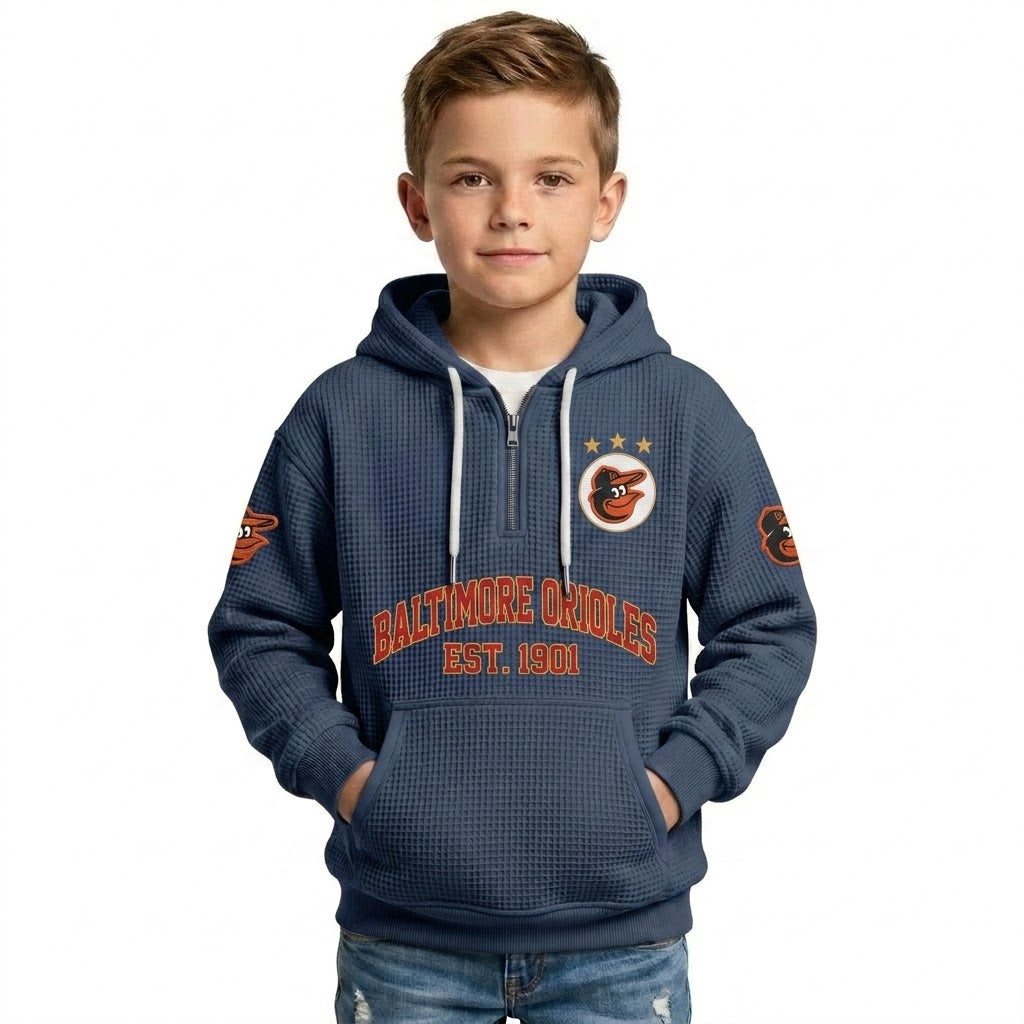 Baltimore Orioles EST 1901 Kids Baseball Fan Printed Waffle Quarter Zip Hoodie