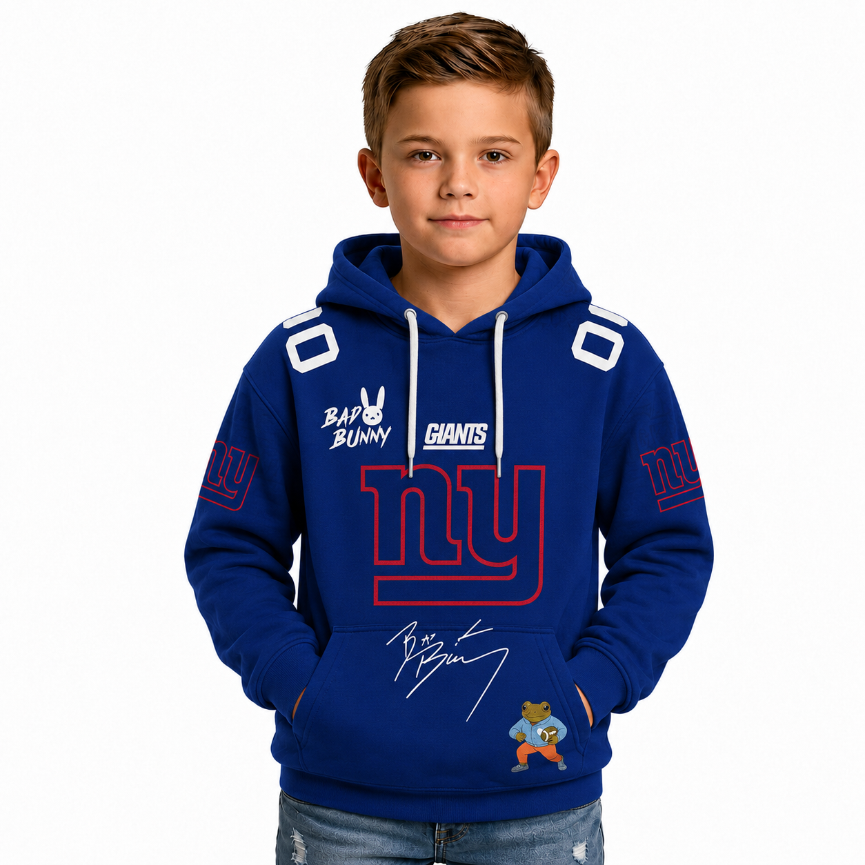 Personalized New York Giants Bad Bunny Bowl Kids Hoodie