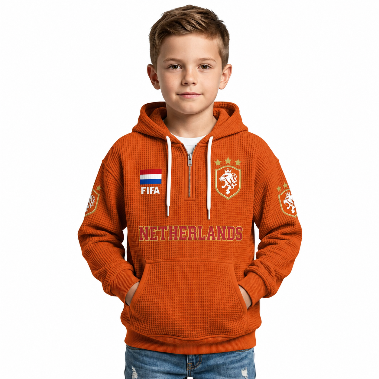 FIFA 2026 Netherlands Printed Waffle Quarter Zip Kids Football Fan Hoodie