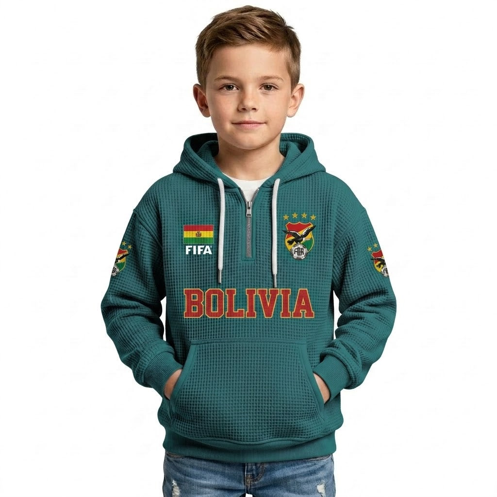 FIFA 2026 Bolivia Printed Waffle Quarter Zip Kids Football Fan Hoodie