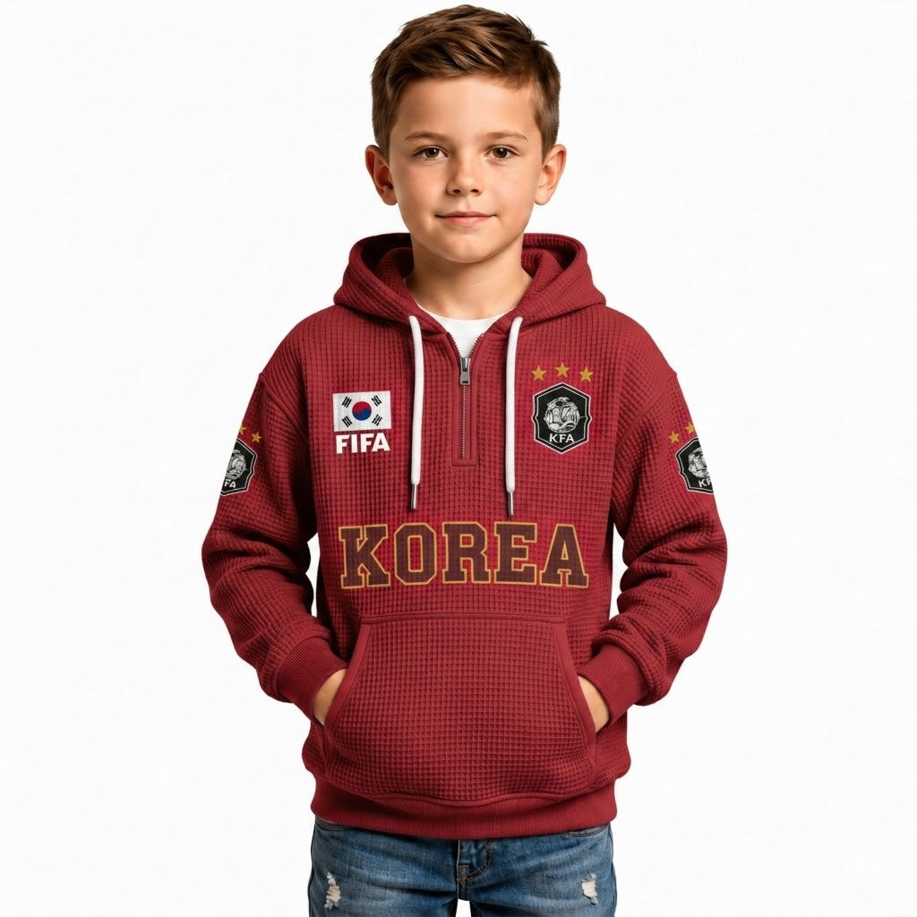 FIFA 2026 South Korea Printed Waffle Quarter Zip Kids Football Fan Hoodie