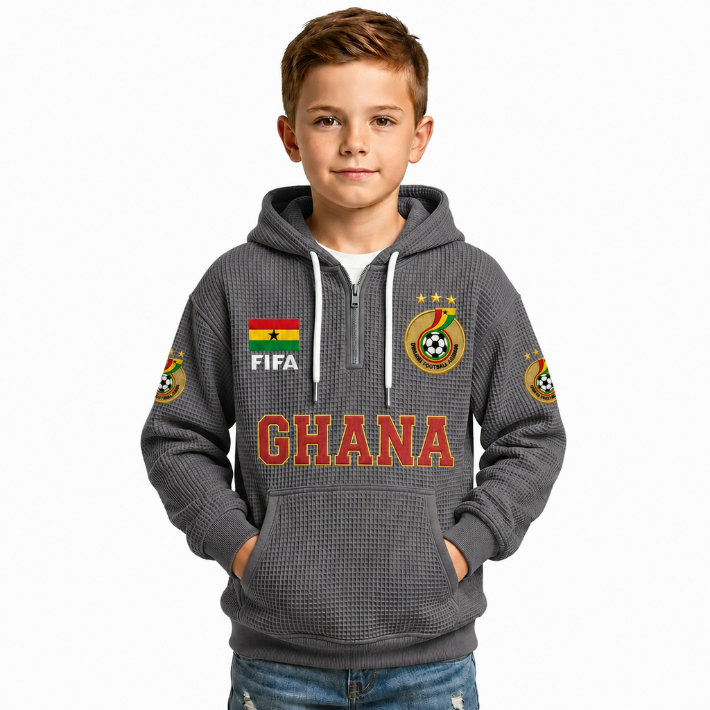 FIFA 2026 Ghana Printed Waffle Quarter Zip Kids Football Fan Hoodie