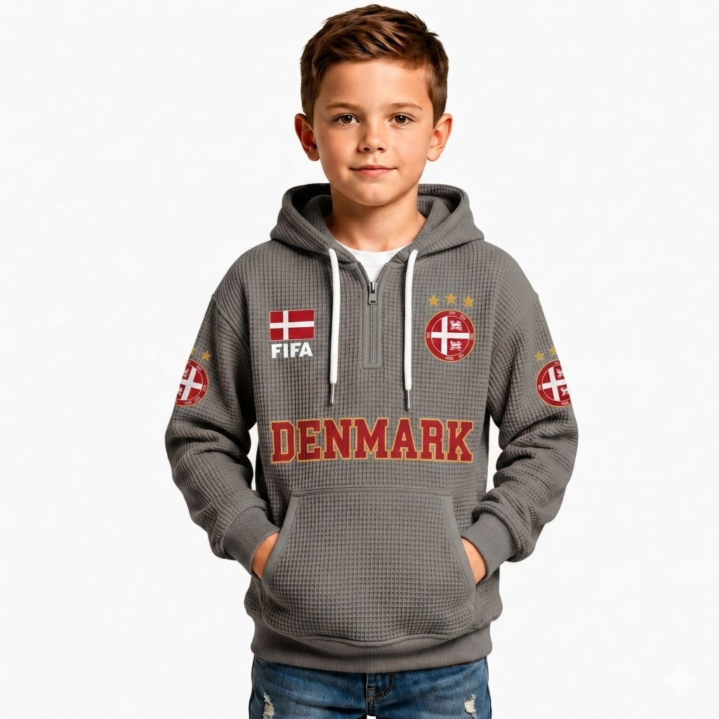FIFA 2026 Denmark Printed Waffle Quarter Zip Kids Football Fan Hoodie