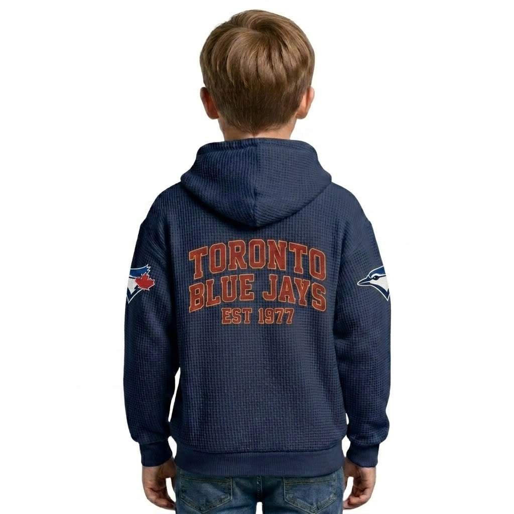 Toronto Blue Jays EST 1977 Kids Baseball Fan Printed Waffle Quarter Zip Hoodie