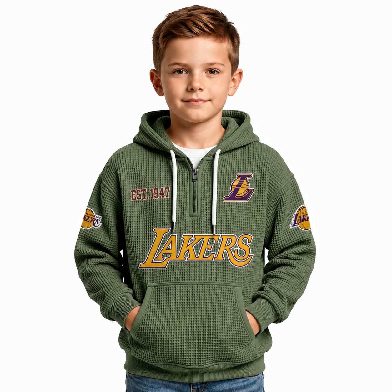 Los Angeles Lakers EST 1947 Kids Baseball Fan Printed Waffle Quarter Zip Hoodie