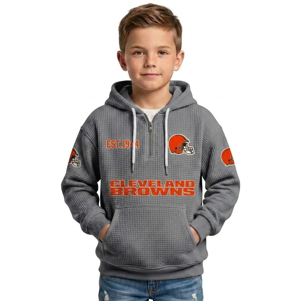 Kids Waffle Quarter Zip Hoodie With Vintage Sports Design