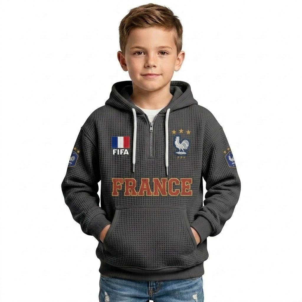 FIFA 2026 France Printed Waffle Quarter Zip Kids Football Fan Hoodie