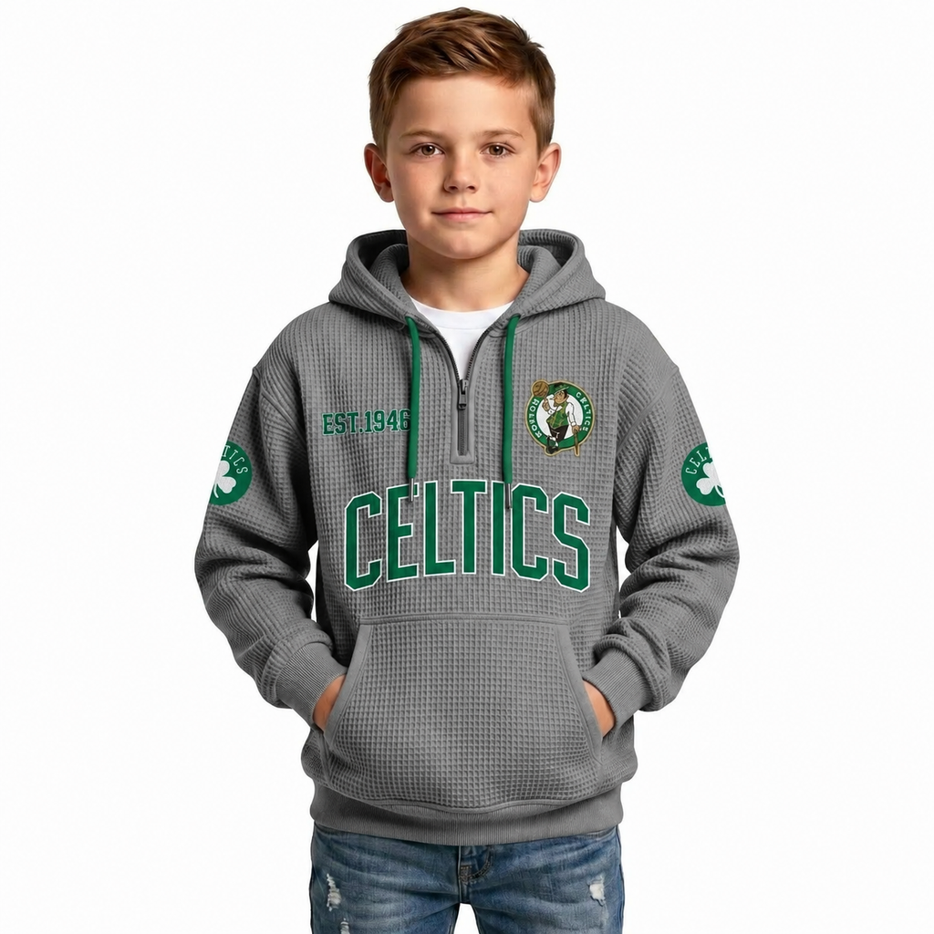 Boston Celtics EST 1946 Kids Baseball Fan Printed Waffle Quarter Zip Hoodie