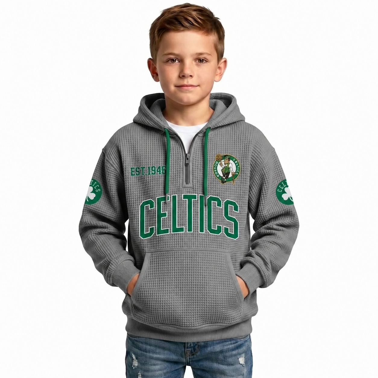 Boston Celtics EST 1946 Kids Baseball Fan Printed Waffle Quarter Zip Hoodie