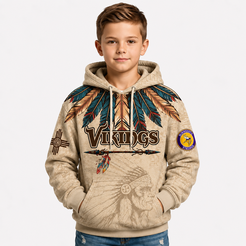 Minnesota Vikings Football Team Kids Themed Hoodie With Native American Design