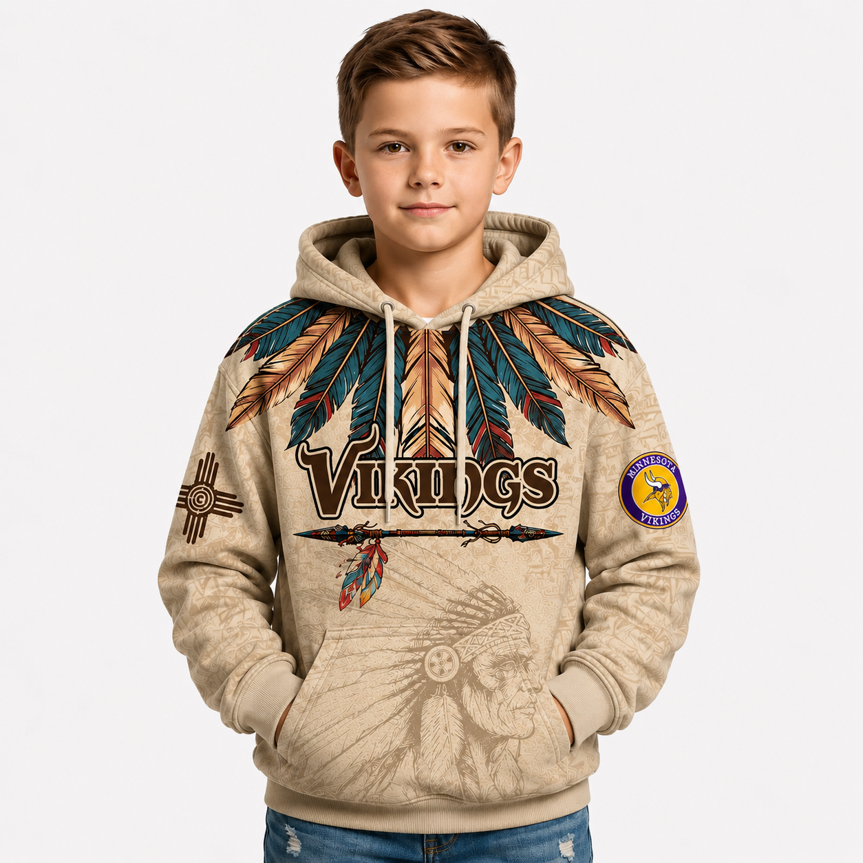 Minnesota Vikings Football Team Kids Themed Hoodie With Native American Design