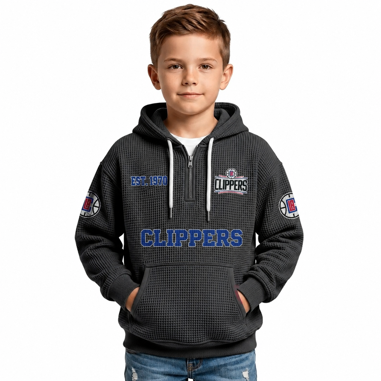 LA Clippers EST 1970 Kids Basketball Fan Printed Waffle Quarter Zip Hoodie