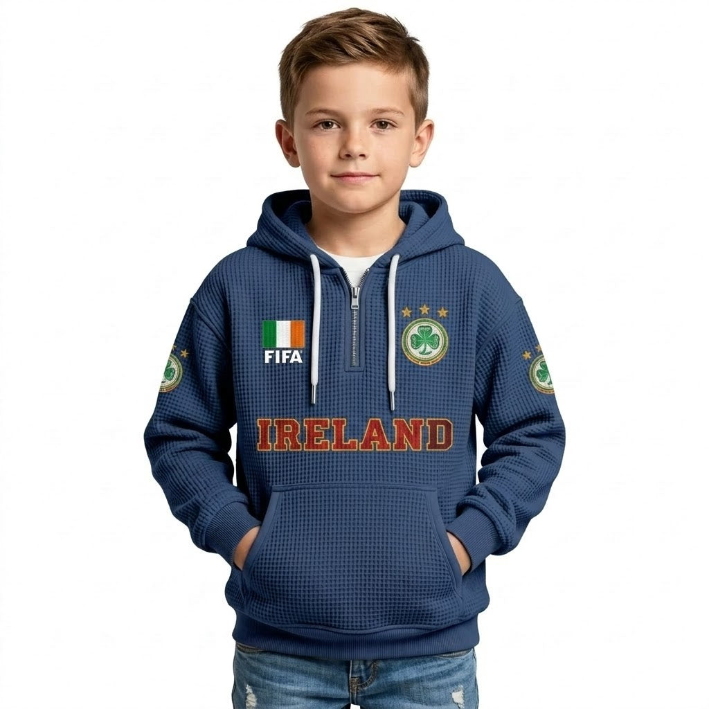 FIFA 2026 Ireland Printed Waffle Quarter Zip Kids Football Fan Hoodie
