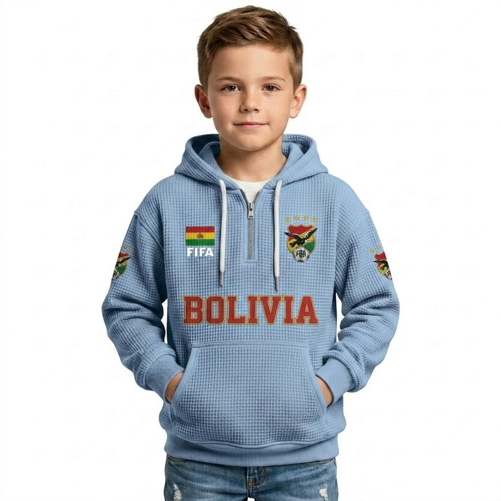 FIFA 2026 Bolivia Printed Waffle Quarter Zip Kids Football Fan Hoodie