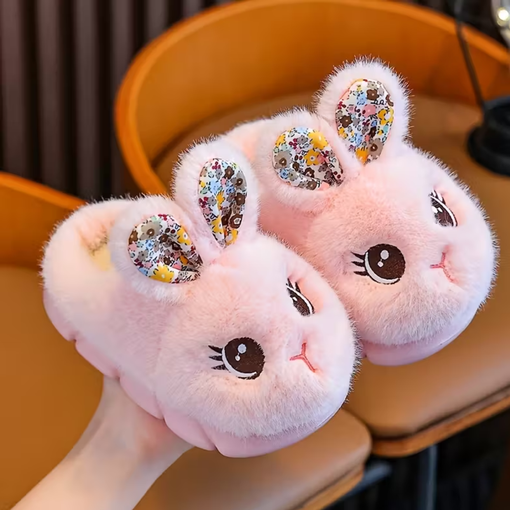Kids Plush Bunny Slip On Slippers With Warm Lining And PVC Sole