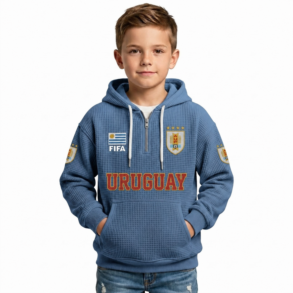 FIFA 2026 Uruguay Printed Waffle Quarter Zip Kids Football Fan Hoodie