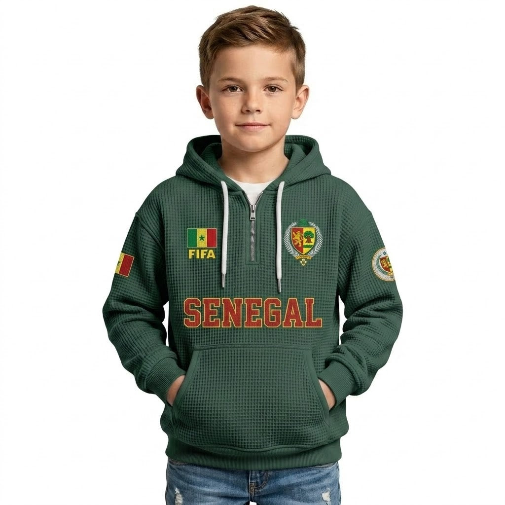 FIFA 2026 Senegal Printed Waffle Quarter Zip Kids Football Fan Hoodie