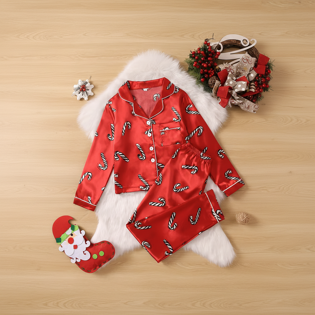 Kids Satin Christmas Pajama Set With Candy Cane Print