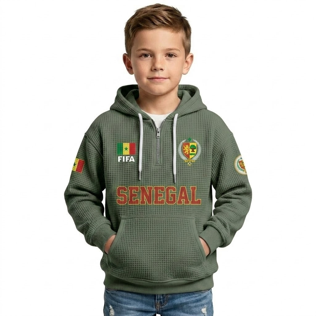 FIFA 2026 Senegal Printed Waffle Quarter Zip Kids Football Fan Hoodie