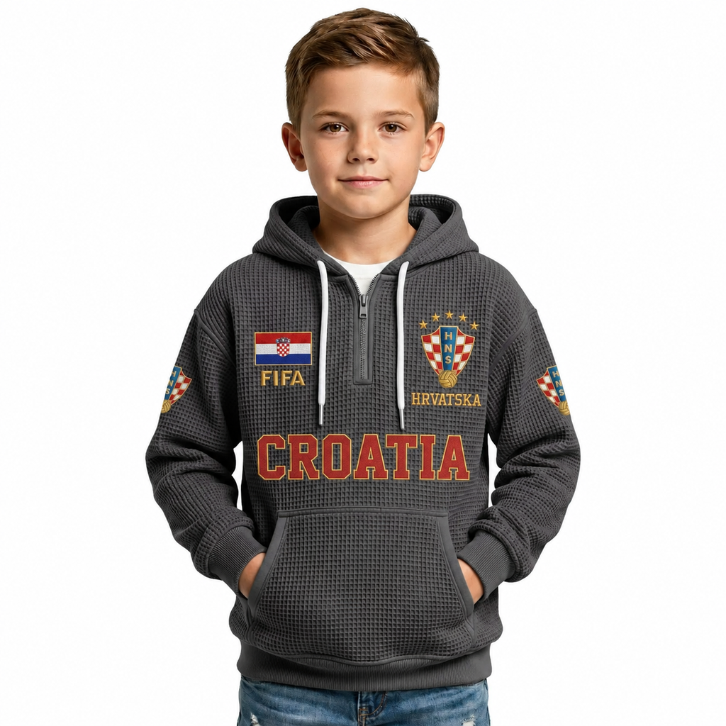FIFA 2026 Croatia Printed Waffle Quarter Zip Kids Football Fan Hoodie