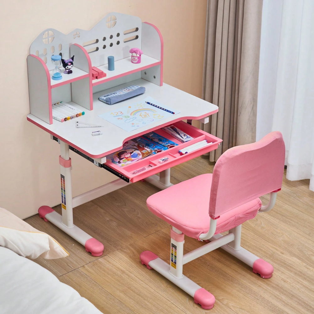Kids Study Chair And Desk Set With Bookshelf Storage