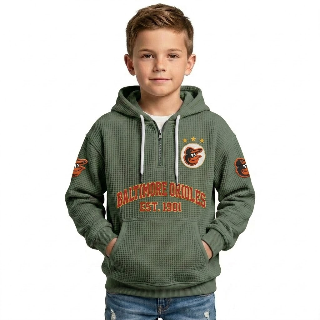 Baltimore Orioles EST 1901 Kids Baseball Fan Printed Waffle Quarter Zip Hoodie