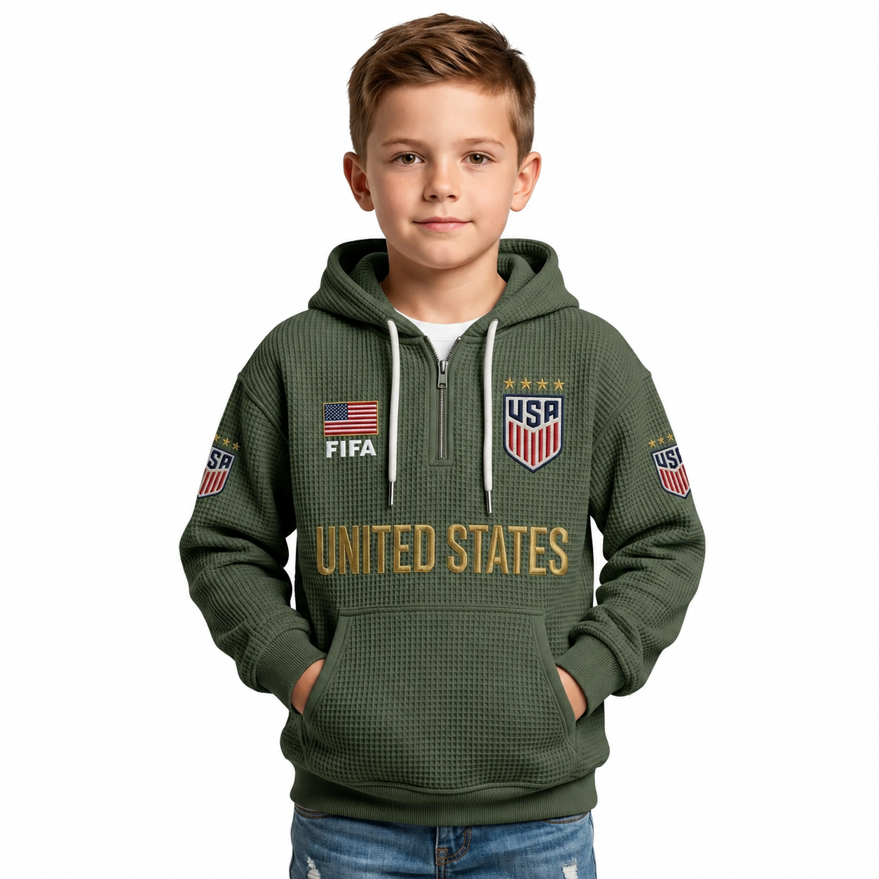 FIFA 2026 United States Printed Waffle Quarter Zip Kids Football Fan Hoodie