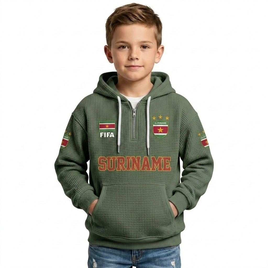 FIFA 2026 Suriname Printed Waffle Quarter Zip Kids Football Fan Hoodie