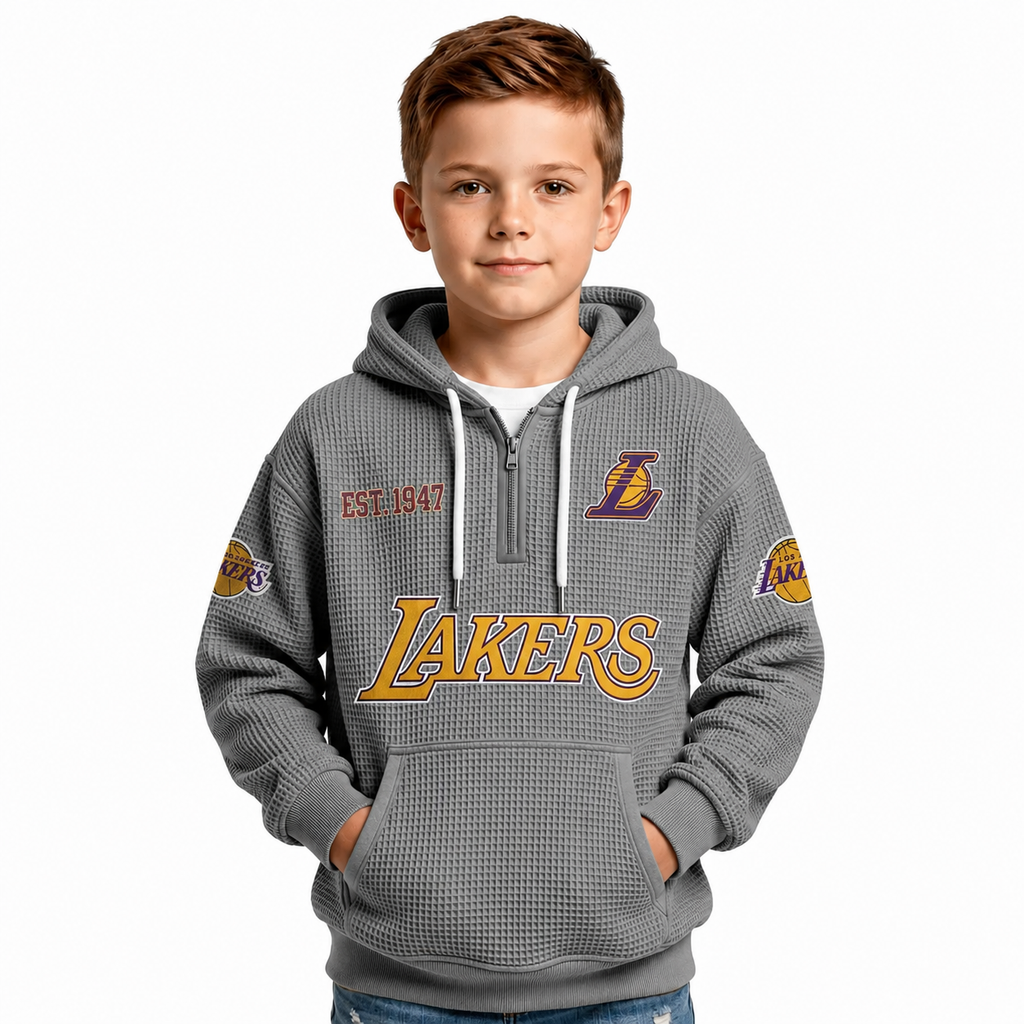Los Angeles Lakers EST 1947 Kids Baseball Fan Printed Waffle Quarter Zip Hoodie