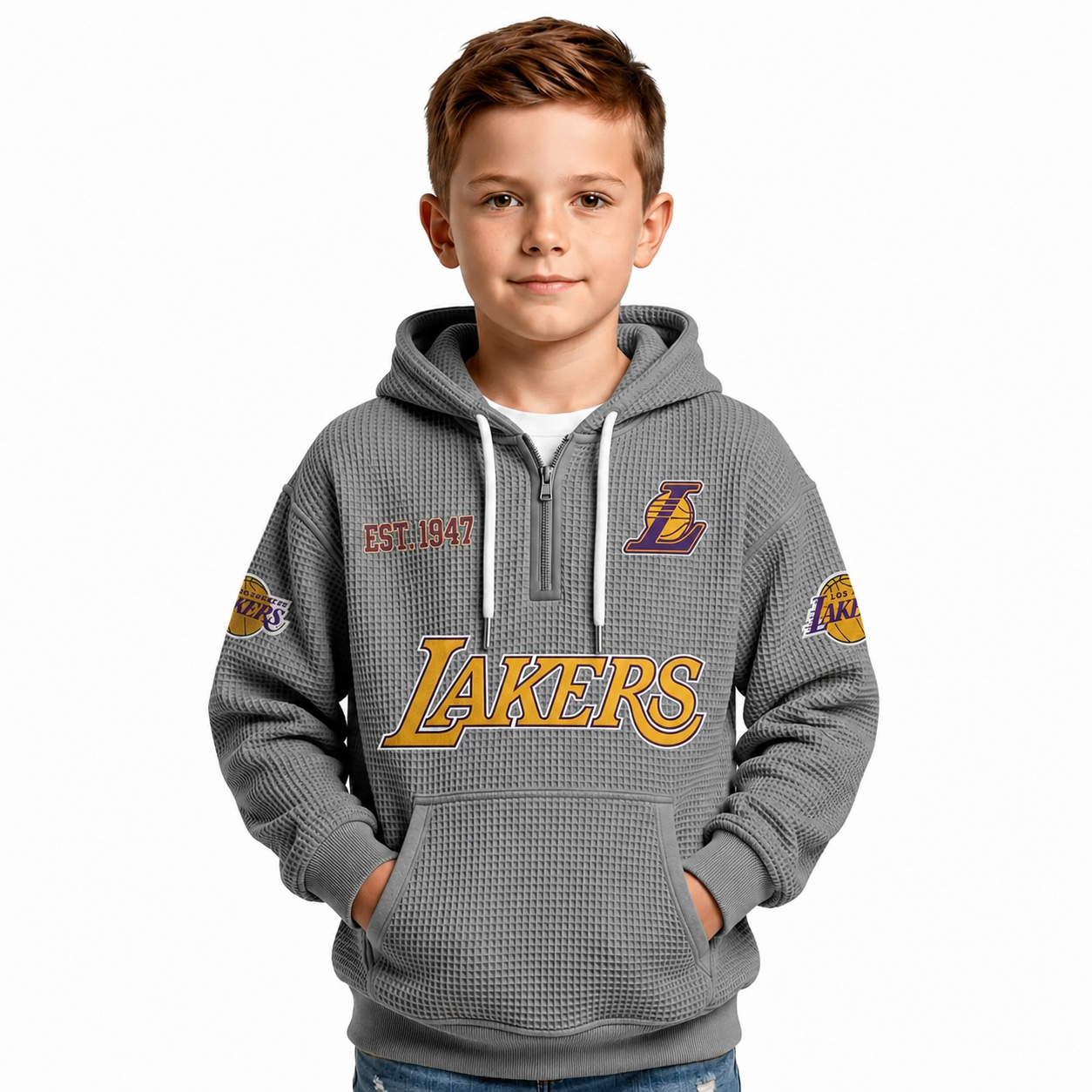 Los Angeles Lakers EST 1947 Kids Baseball Fan Printed Waffle Quarter Zip Hoodie
