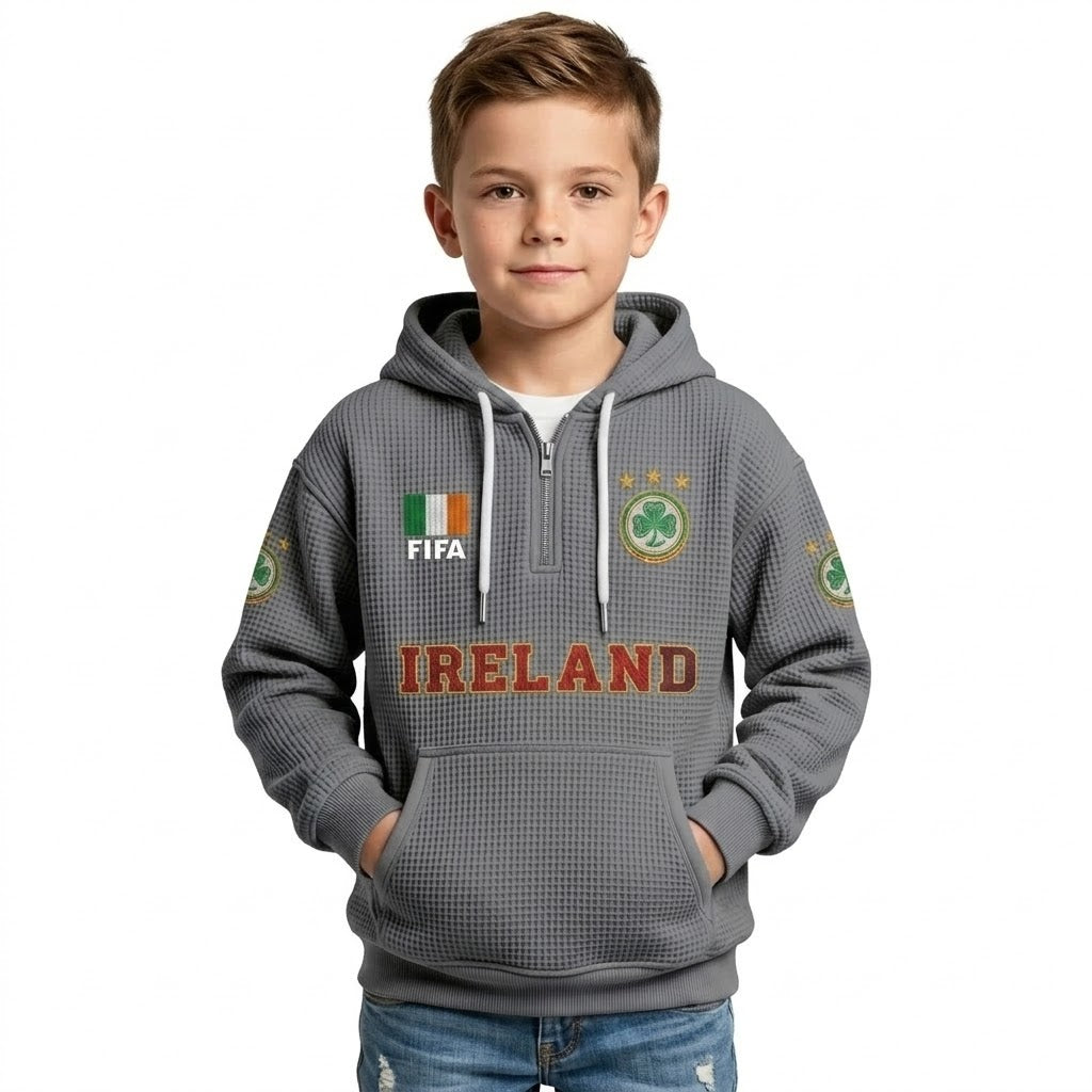 FIFA 2026 Ireland Printed Waffle Quarter Zip Kids Football Fan Hoodie
