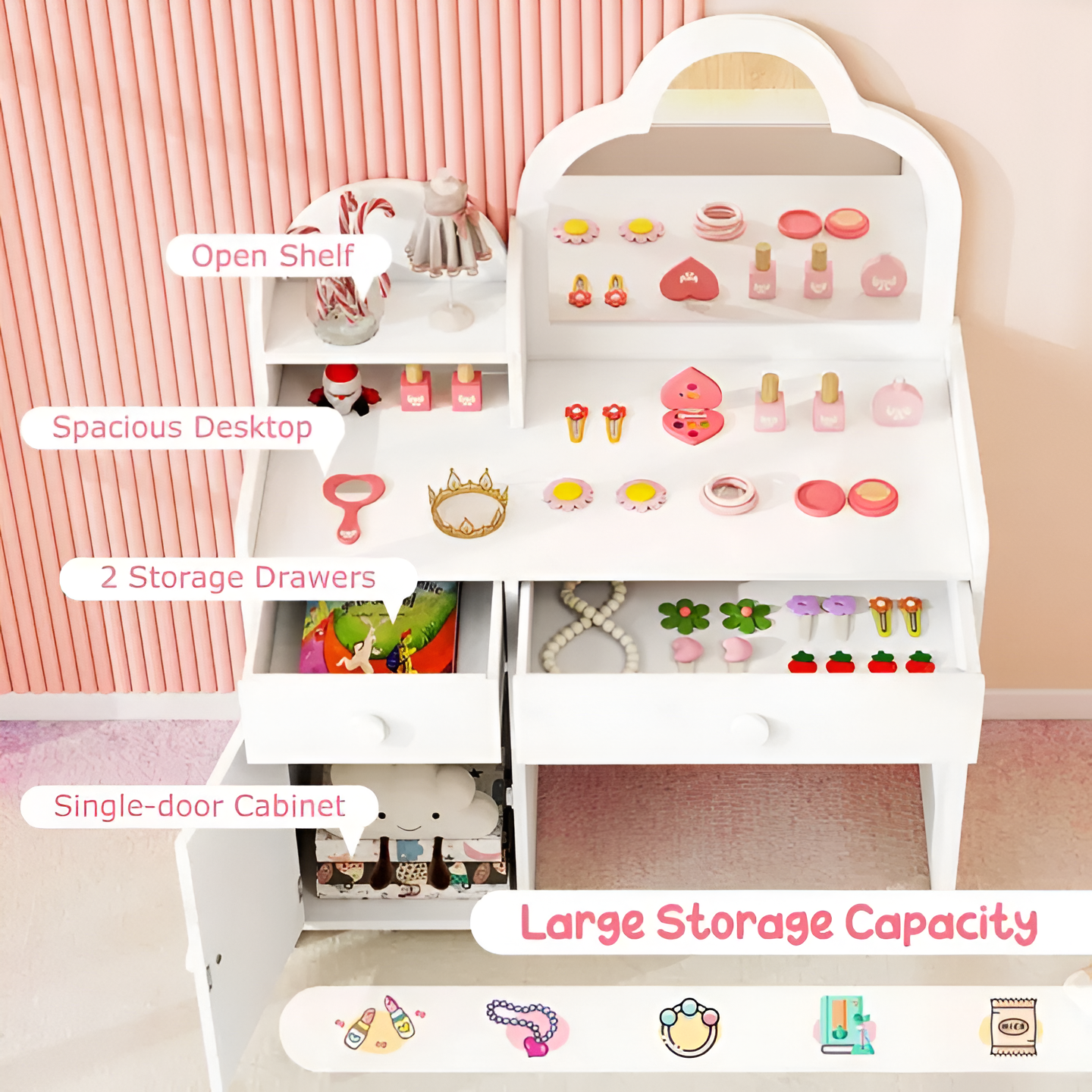 Kids Table And Chair Set With Cloud Shaped Mirror And Open Shelf Storage Drawers