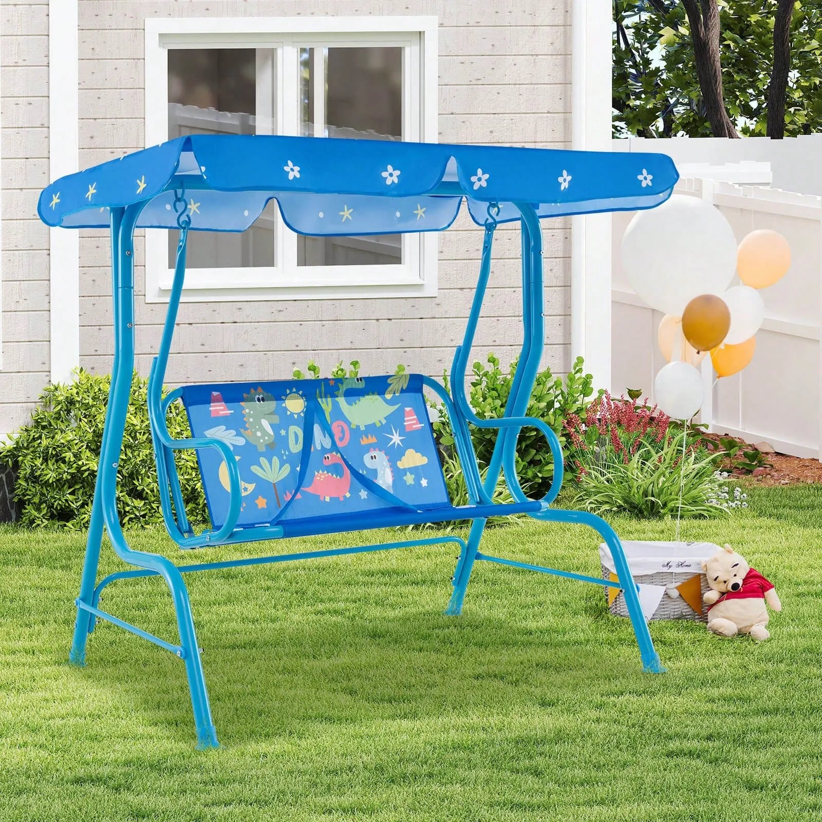 Toddler 2 Seater Porch Swing Chair With Adjustable Canopy And Metal Stand