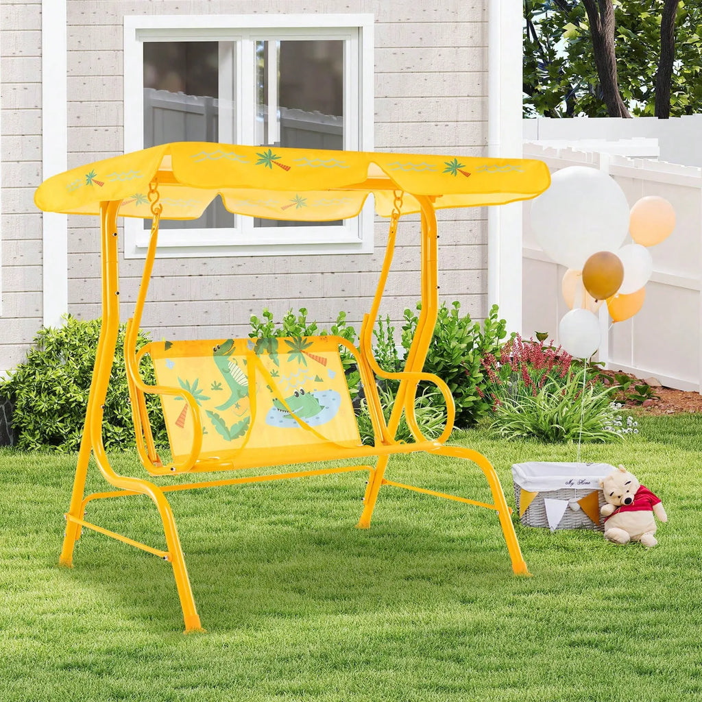 Toddler 2 Seater Porch Swing Chair With Adjustable Canopy And Metal Stand
