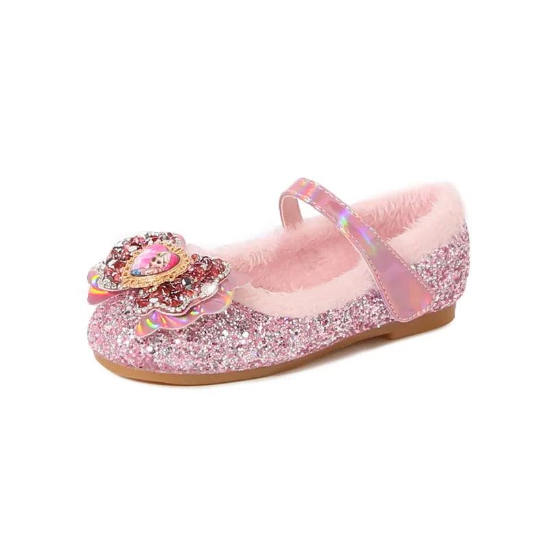 Winter Flats for Girls Sparkling Bow Glitter Shoes with Warm Lining