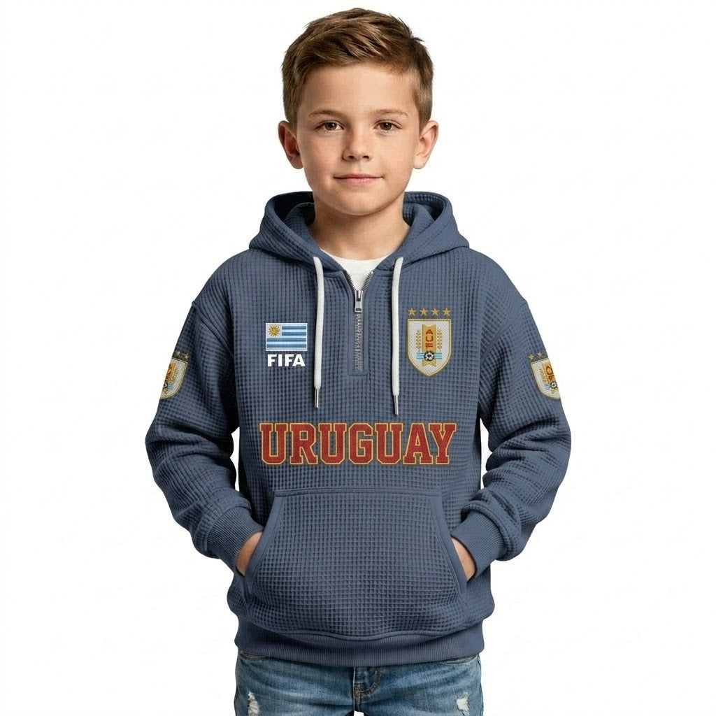 FIFA 2026 Uruguay Printed Waffle Quarter Zip Kids Football Fan Hoodie